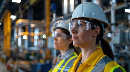 Workers in Safety workers wearing personal protective equipment (PPE) such as hard hats, safety glasses, and reflective vests, performing tasks within the factory