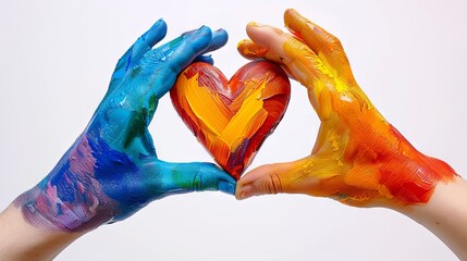 LGBTQ community concept, colorful painted hands making heart shape isolated on white background