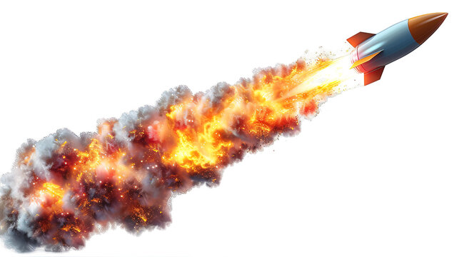 rocket missile launched isolated on transparent background ,missile with fire trail ,generative ai