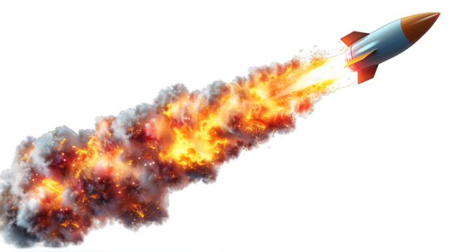 rocket missile launched isolated on transparent background ,missile with fire trail ,generative ai