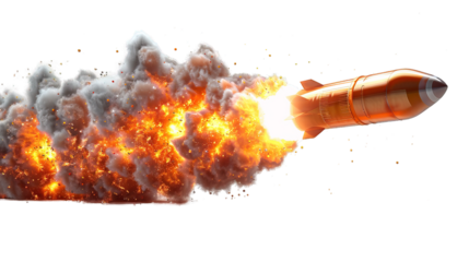 rocket missile launched isolated on transparent background ,missile with fire trail ,generative ai