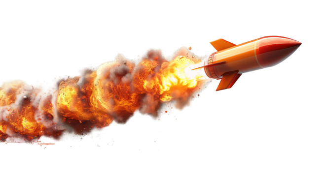 rocket missile launched isolated on transparent background ,missile with fire trail ,generative ai