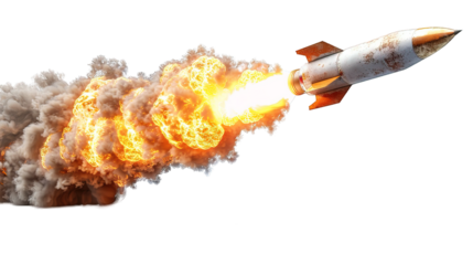 rocket missile launched isolated on transparent background ,missile with fire trail ,generative ai