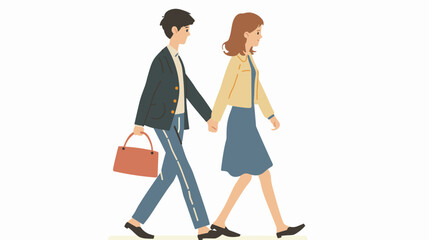 Fototapeta premium Man woman walking side side, both dressed smart casual outfits, carrying briefcase purse respectively. Couple strolling together, professionally dressed simple, modern style, displaying neutral