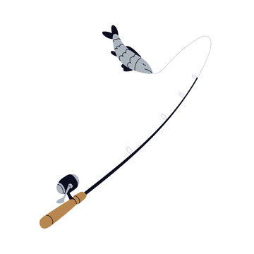 recommend clip art: Fishing rod, pole, catching fish with hook and bait. Trophy caught with angle, line equipment, gear. Outdoors activity, recreation, line and lure. Flat vector illustration isolated on white background