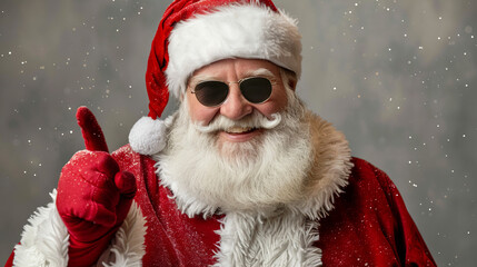 Cool Santa with Sunglasses - Santa Claus wearing sunglasses and pointing with a snowy background.