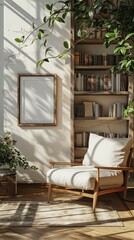 Mockup frame on light wall near bookshelf in cozy simple living room interior