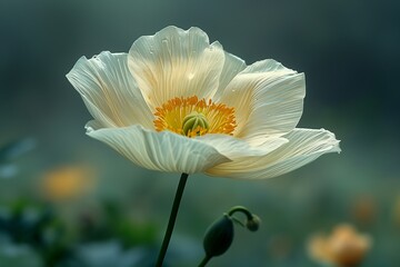 White Poppy Flower: Delicate Petals, Yellow Center - Soft Focus on Blurred Green Background