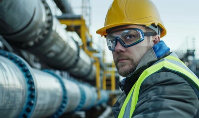 Fototapeta premium Industrial Worker Inspecting Pipelines