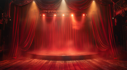A burlesque cabaret Stage with Red Velvet Curtains, soft lighting evoking a sense of timeless, awe inspiring wonder. Generative AI.