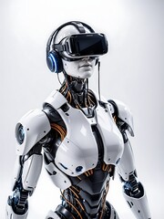 Fototapeta premium female cyborg robot wearing vr headset, Cyborg robot with cybernetic implants wearing virtual reality glasses