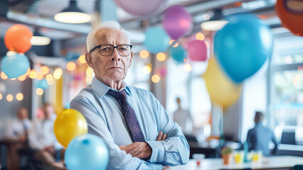 An elderly man in glasses and a tie is at a festive event with balloons and lights, enjoying the celebration. He looks joyful and formal in the cheerful ambience