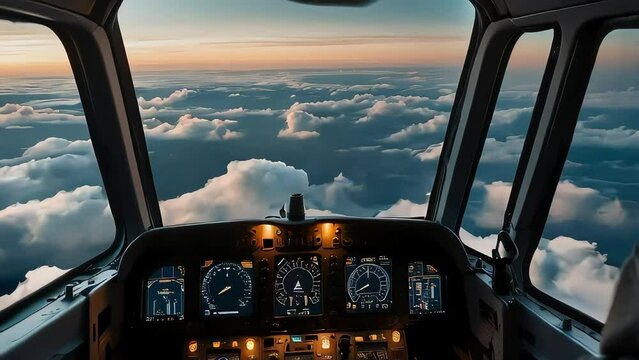 Cockpit pilot Flight Deck display. Throttle jet cabin with control panel plane. View in windows blue sky clouds. AI-generated