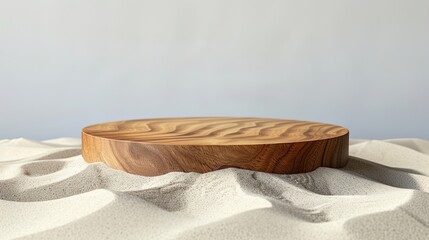 Presentation of product. Wooden podium on sand against white background. Space for text