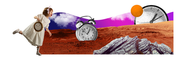 Contemporary art collage. Timeless Adventure. Girl dressed in vintage dress embarks on an extraordinary journey across surreal landscape with clocks as childhood wonder. Concept of childhood.