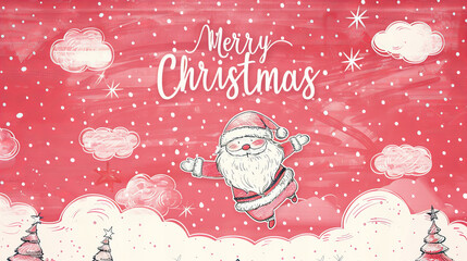 Cute Santa Claus with Merry Christmas for Cards - Cute Santa Claus with "Merry Christmas" text in a whimsical snowy scene, ideal for Christmas cards.