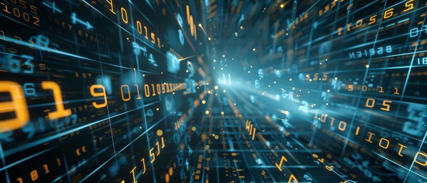 Abstract depiction of advanced numbers and binary code with a stream of glowing digits and digital elements, illustrating futuristic data transmission and information flow