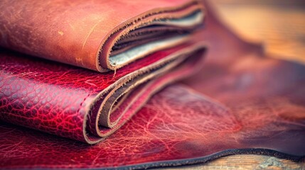 Close-up image of folded red leather pieces stacked on a wooden surface, showcasing texture and quality craftsmanship in vibrant colors.