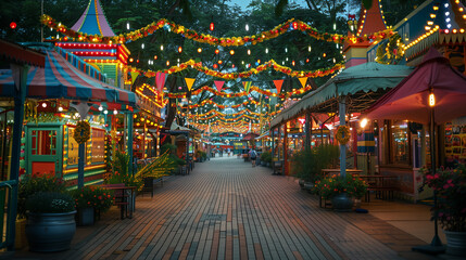 Summer city park at evening decorated for a holiday, festival, decorative ornaments, flags, garlands, illuminates, flowers, alleys, fairgrounds