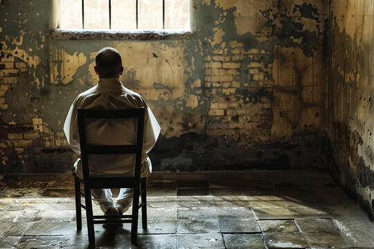 The individual, wearing a straight jacket, is seated on a chair looking out a window in a decaying, gloomy room with peeling walls and a cracked floor