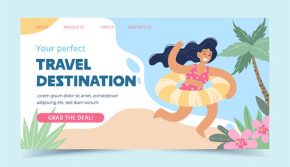 Travel destinations summer banner. Happy woman running with a swim ring. Vector design template