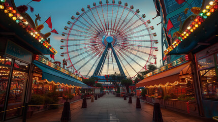 Obraz premium Photo of a nighttime outdoor amusement park, music festival, neon colors, Ferris wheel, concert