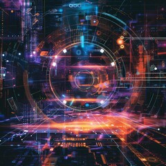 Fototapeta premium Abstract digital vortex with futuristic technology elements and vibrant neon lights