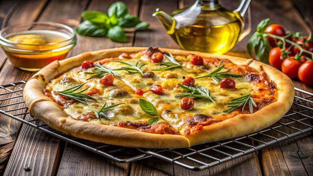 A Delicious Pizza With A Crispy Crust, Topped With Melted Cheese, Fresh Basil, And Juicy Tomatoes.