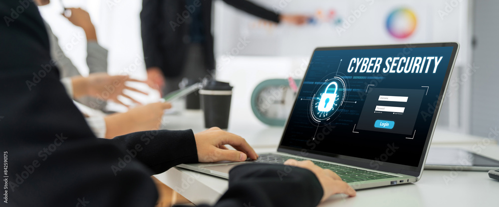 Poster cyber security system on computer screen protect private information snugly from hacker and cyber at