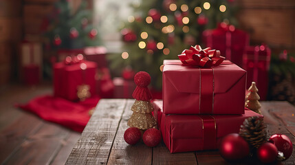 Christmas Gifts with Pine Cones - Christmas gifts adorned with ribbons and pine cones sit on a wooden surface, with a festive background of a decorated Christmas tree and holiday decorations.
