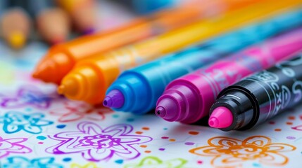 Obraz premium Close-up of colorful markers on a decorated paper showcasing vibrant colors and creative designs. Perfect for art projects and visual creativity.