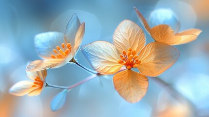 Close-up of delicate orange flowers with soft blue bokeh background, capturing the beauty and serenity of nature.