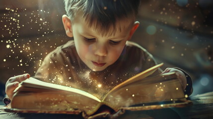 Enchanted Child Reading Magical Book Sparkling Light Adventure