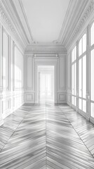 The interior design of a contemporary empty room or corridor with a white wall and a parquet floor 