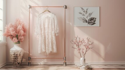 A simple rack made of copper pipe and steel hangers, hanging a white lace blouse on one side, against a light rose wall with a black and grey botanical poster on the wooden floor. Generative AI.