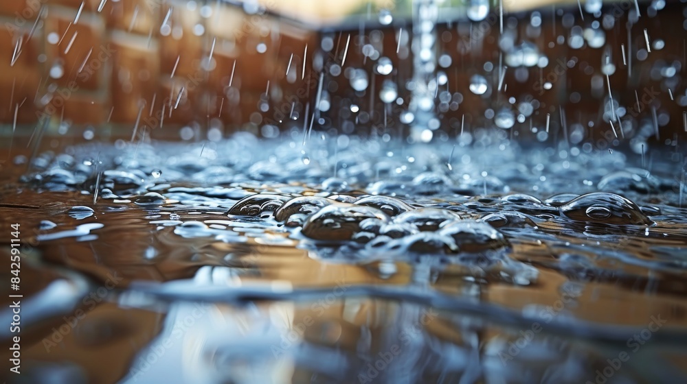 Poster A close-up scene of a dripping faucet creating splashes on a laminate floor, showing reflections in the water puddle. Generative AI.