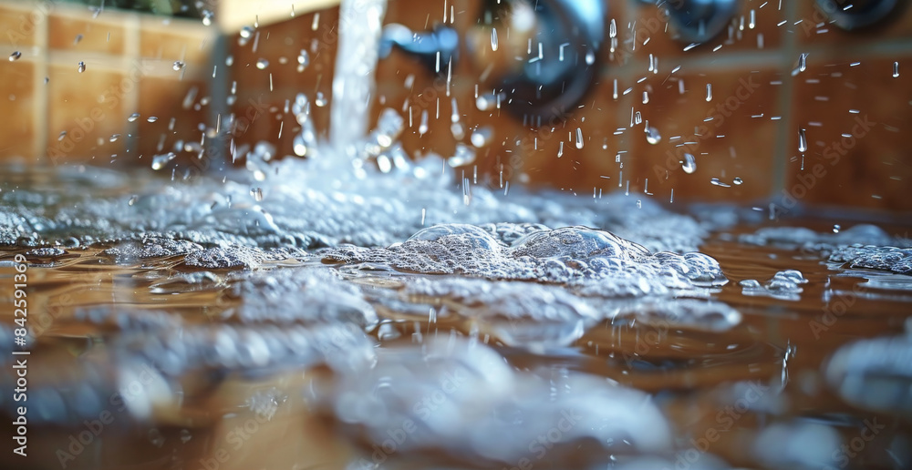 Aufkleber A close-up scene of a dripping faucet creating splashes on a laminate floor, showing reflections in the water puddle. Generative AI.