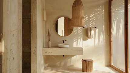 Minimalist bathroom, wood and stone elements, hanging wicker lamp, round mirror, beige tiles, natural light, cozy vibe
