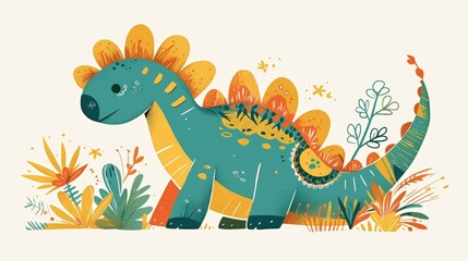 Obraz premium An adorable and amusing cartoon illustration of a brightly colored prehistoric dinosaur designed to bring joy and laughter to children stands alone in its charming simplicity