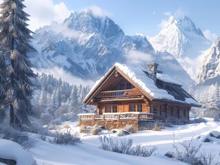 Fototapeta premium Idyllic cabin set amidst snowcapped mountains, with a rustic, snowdusted roof and a peaceful, serene landscape, perfect for a cozy and secluded winter getaway