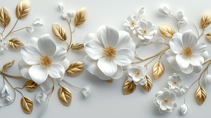 White flowers with golden leaves on white background. White and golden luxury 3d floral background