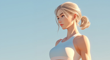 Woman with blonde hair and a white tank top is standing in front of a blue sky, Fitness Concept, copy space