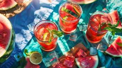Fototapeta premium Refreshing Iced Tea with Mint Garnish and Watermelon Slice. Watermelon Sweet Tea