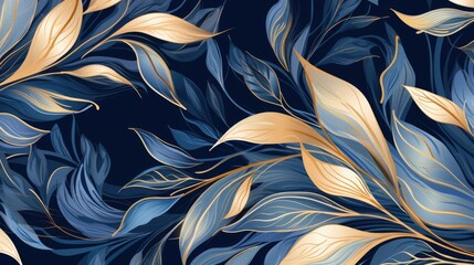 Golden and blue leaves pattern on a dark blue background.