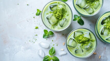 Top view of a vibrant green basil smoothie with ice cubes, garnished with fresh basil