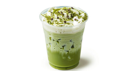 Iced Matcha Latte with Whipped Cream in Clear Cup