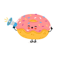 Doughnut with loudspeaker character. Vector hand drawn cartoon kawaii character illustration icon. Isolated on white background. Doughnut screams character concept