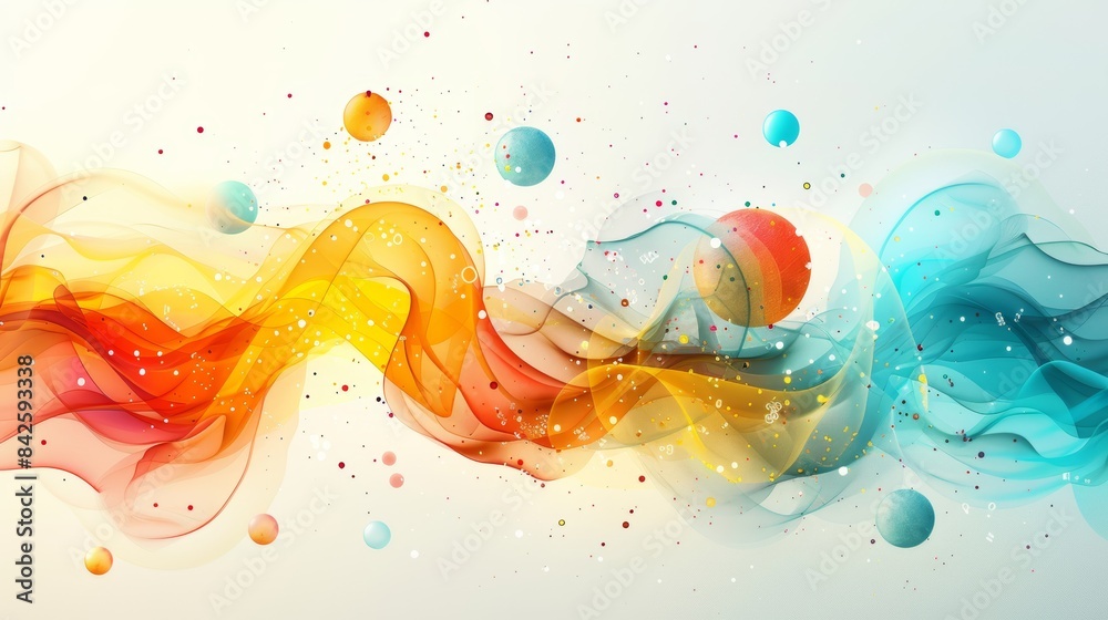 Wall mural abstract colorful waves with floating orbs and glitter on a light background