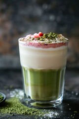 Layered Matcha and Strawberry Latte with Whipped Cream