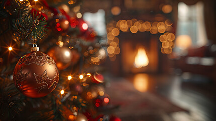 Cozy Christmas Scene with Tree and Fireplace - a warm and cozy home environment. This photo is perfect for Christmas cards, home decor ads, and festive promotional materials.